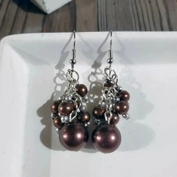 Hand Crafted Purple Bronze Glass Pearl Beads Cluster Dangle Earrings - Picture 6 of 7